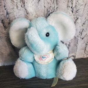 Vintage Amtoy Mini 5" Light Blue Elephant Plush Stuffed Animal With BABY BIB